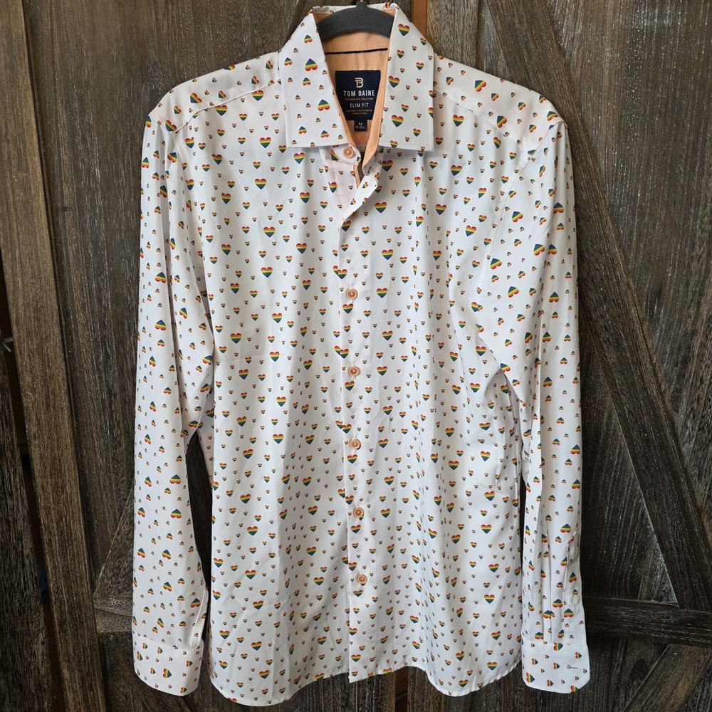 Tom Baine Shirt Men's Size‎ Medium 15-15.5 Rainbow Hearts Pride Performance Slim